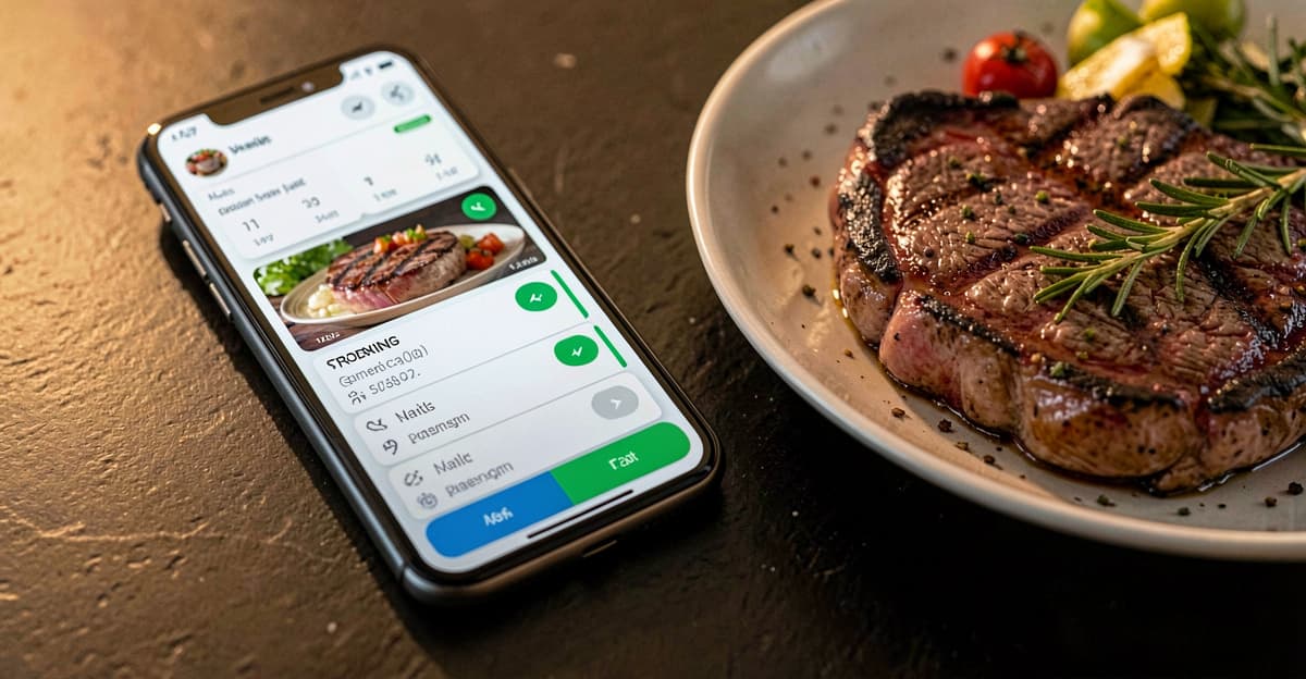 Smartphone showing a carnivore diet tracking app next to a grilled steak plate